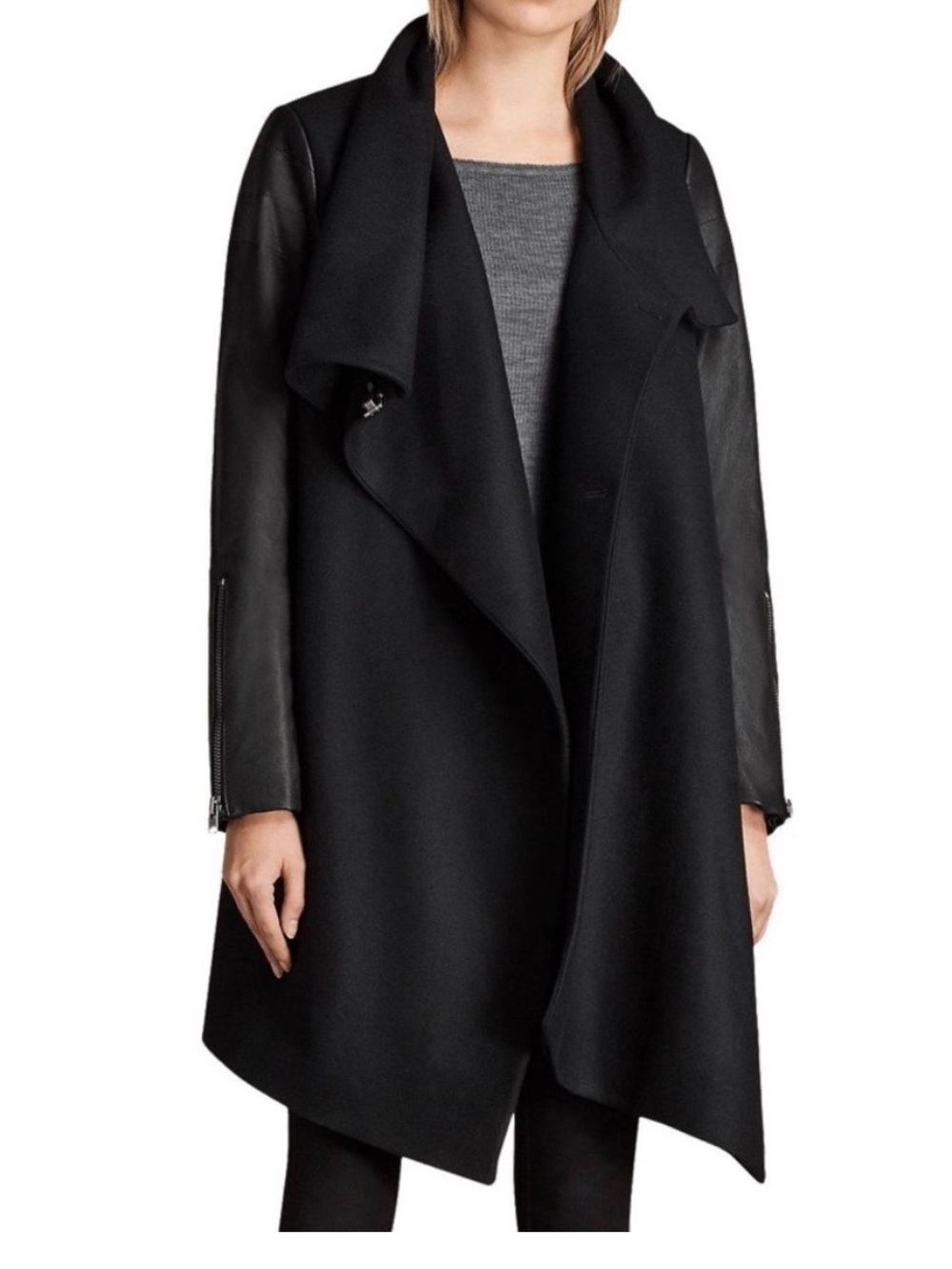 All Saints Wool  jacket - Women's Black Coat with Leather Sleeves